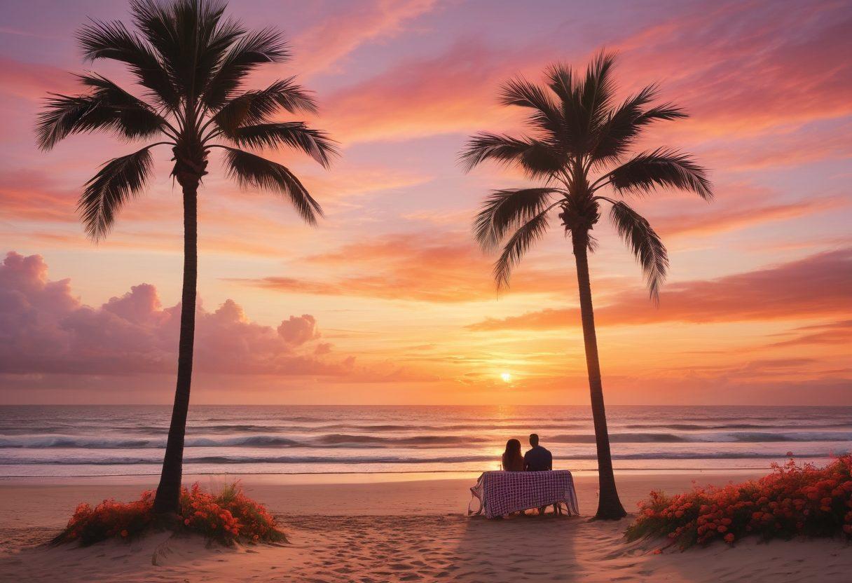 A picturesque seaside sunset with gentle waves lapping against a sandy shore, featuring a cozy picnic setup with a checkered blanket, wine glasses, and a bouquet of flowers. Silhouettes of a couple walking hand in hand along the shoreline, framed by palm trees and soft clouds tinted with orange and pink hues. Dreamy and romantic atmosphere. vibrant colors. super-realistic.