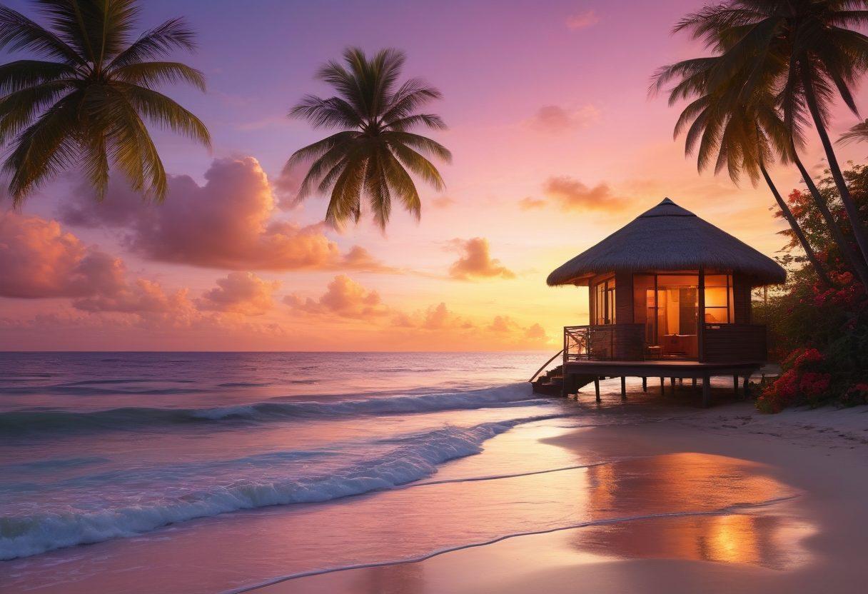 A serene tropical beach at sunset with gentle waves lapping the shore, featuring a cozy couple walking hand-in-hand along the water's edge. Lush palm trees frame the scene, and vibrant flowers bloom nearby, signifying romance and connection. In the background, a small romantic hut with twinkling lights glows softly, inviting couples to escape. The sky is painted in warm hues of orange and pink, radiating passion and serenity. surrealistic. vibrant colors. 3D.