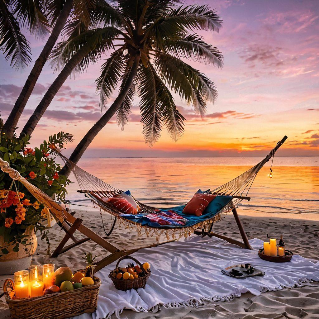 A serene beach at sunset with soft waves gently lapping at the shore, featuring a cozy hammock strung between two palm trees draped with fairy lights. In the foreground, a wicker picnic basket overflowing with fresh fruits and a bottle of sparkling wine. A couple enjoys the view, surrounded by vibrant tropical flowers and a soft breeze. The warm colors of the sky reflecting on the water create a dreamy atmosphere. super-realistic. vibrant colors.